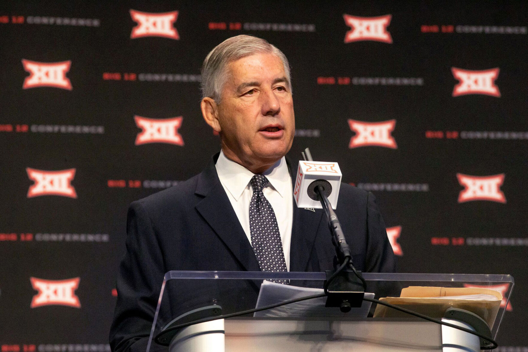 Big 12 commissioner Bob Bowlsby speaks during Big 12 media days at AT&T Stadium in Arlington, Texas, on July 15, 2019.
